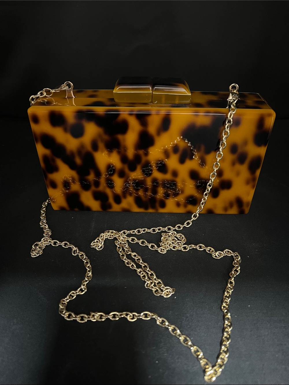 Tortoiseshell Box Clutch with Gold Chain Strap
